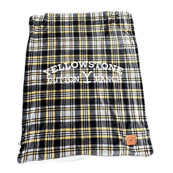 Yellowstone Dutton Ranch Plaid Throw Blanket Sherpa Fleece Backing Yellow Black - Picture 1 of 8